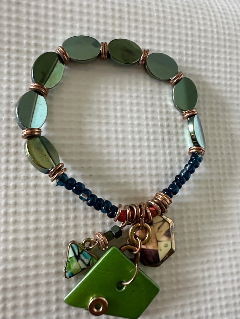 Green Tile Charm Stackable Bracelet with Mixed Beads
